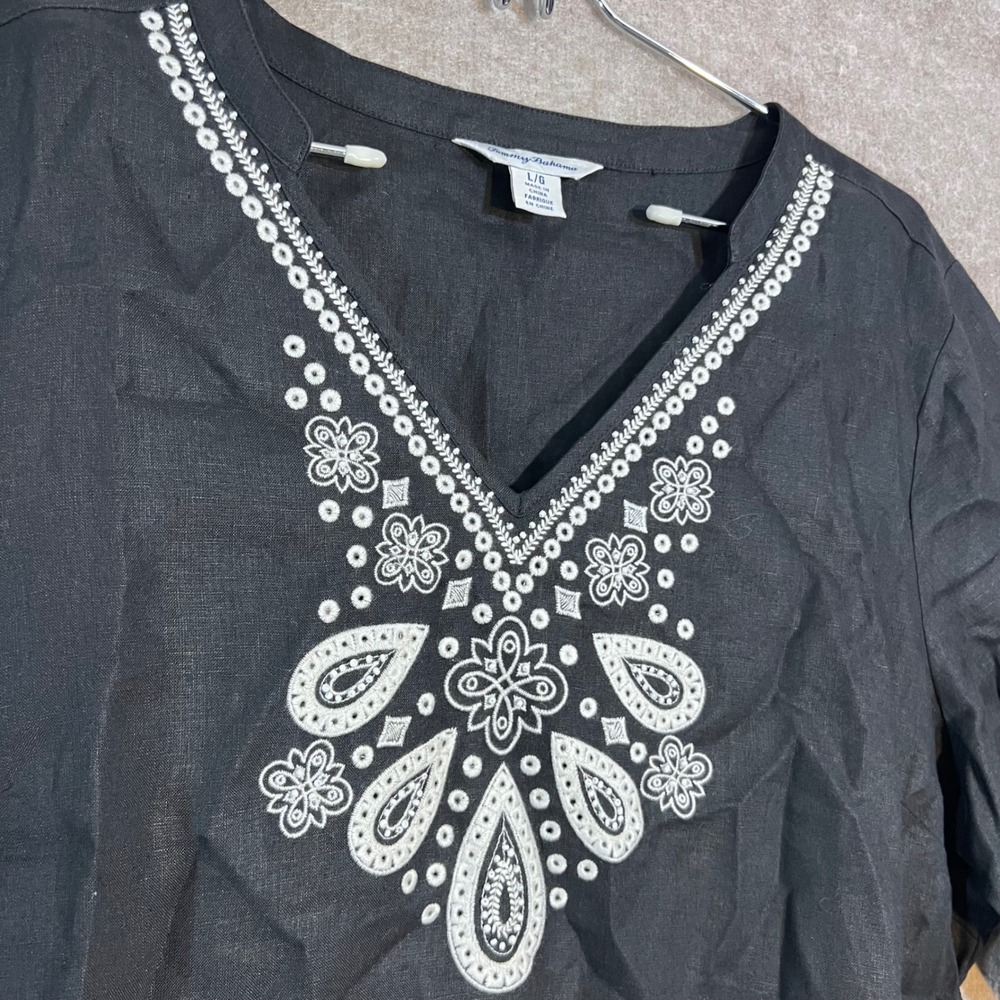 Tommy Bahama Linen Embroidered V Neck Tunic Top Womens Large Black Boho Coastal - Picture 2 of 8